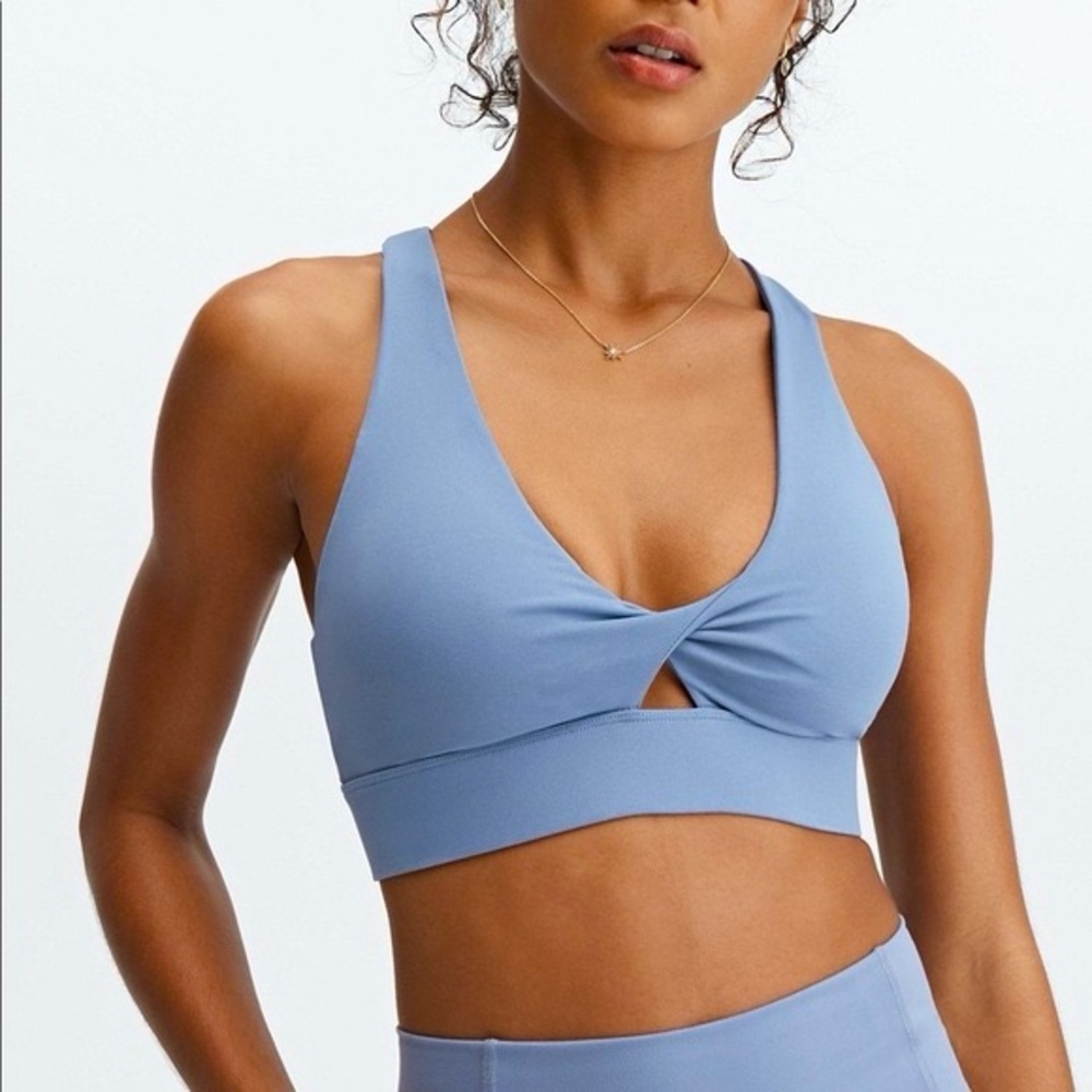 Fabletics Women's Blue Twist Front Sports Bra PTP in description